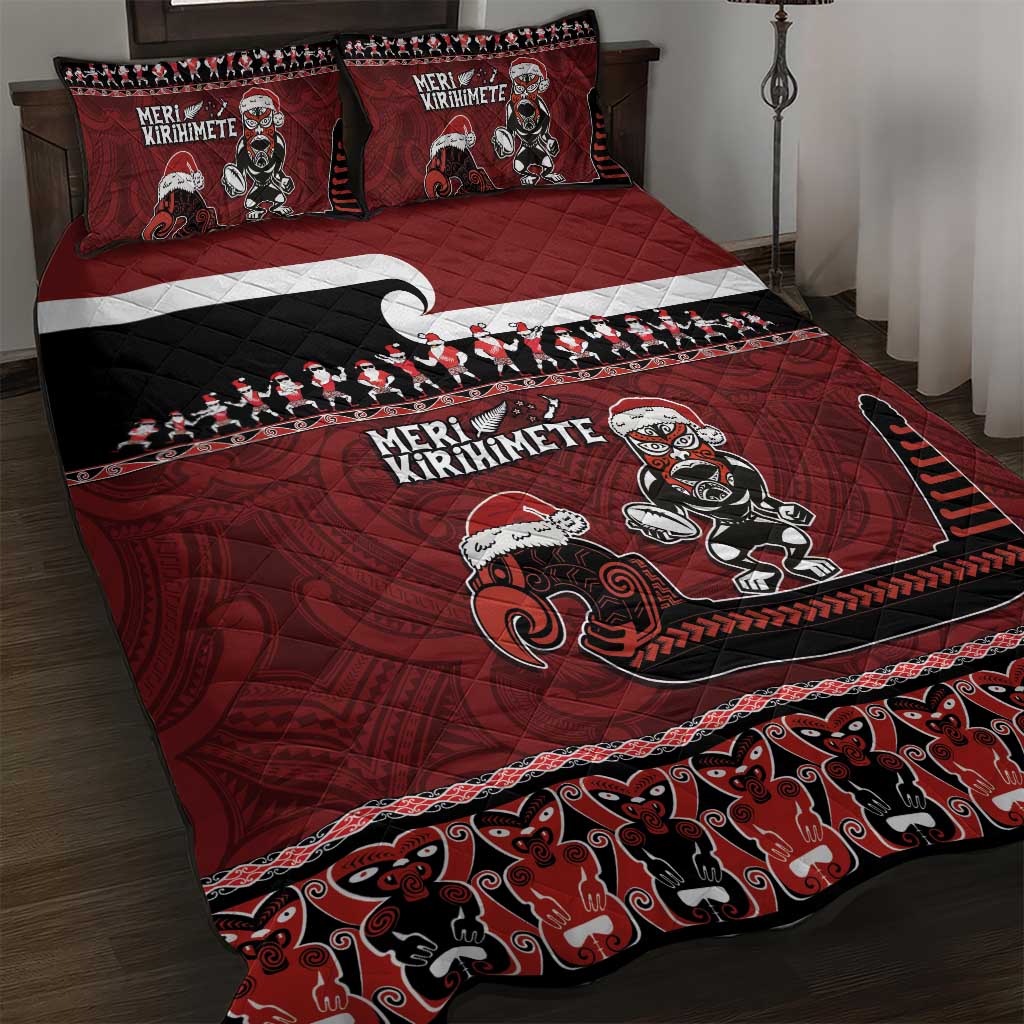 New Zealand Christmas Quilt Bed Set Meri Kirihimete Aotearoa Warrior on Waka with Maori Art Tattoo