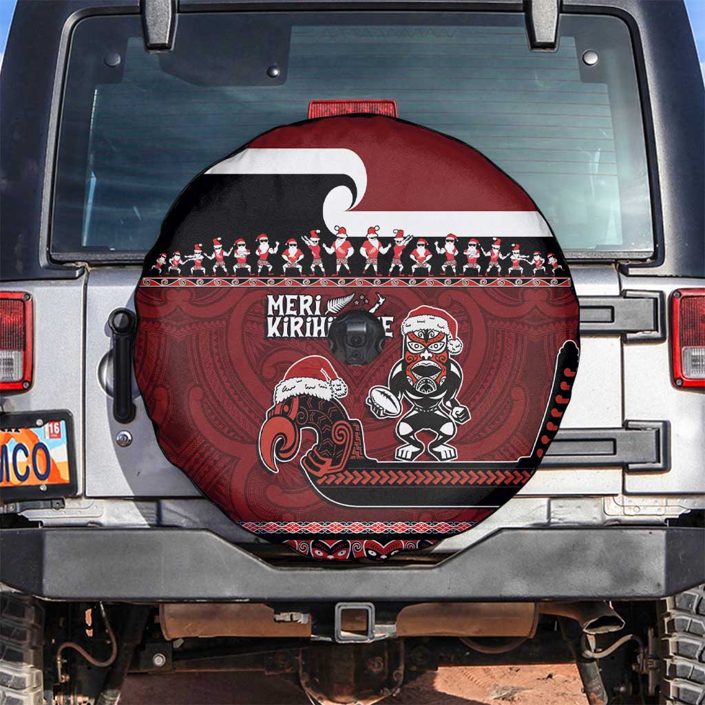 New Zealand Christmas Spare Tire Cover Meri Kirihimete Aotearoa Warrior on Waka with Maori Art Tattoo