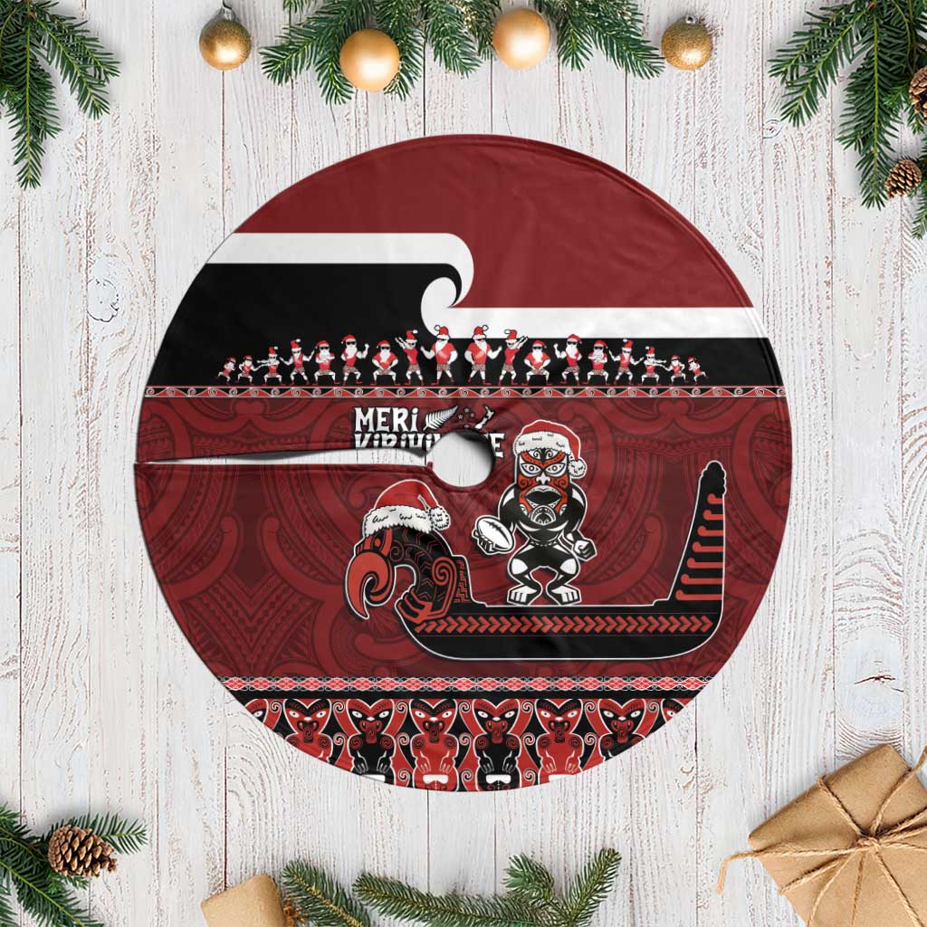 New Zealand Christmas Tree Skirt - Meri Kirihimete Aotearoa Warrior on Waka with Maori Art Tattoo LT03 Casual Red - Polynesian Pride