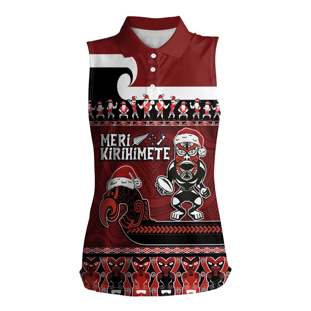 New Zealand Christmas Women Sleeveless Polo Shirt Meri Kirihimete Aotearoa Warrior on Waka with Maori Art Tattoo