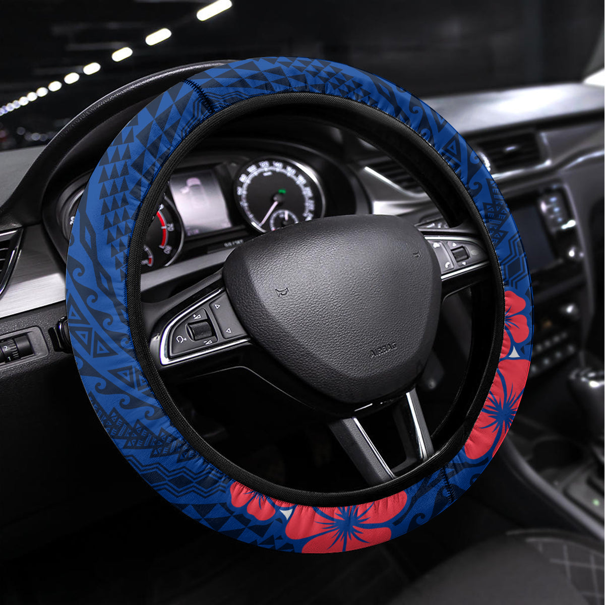 Hawaii Saint Louis School Steering Wheel Cover Kakau Pattern Blue Version LT03 Universal Fit Blue - Polynesian Pride