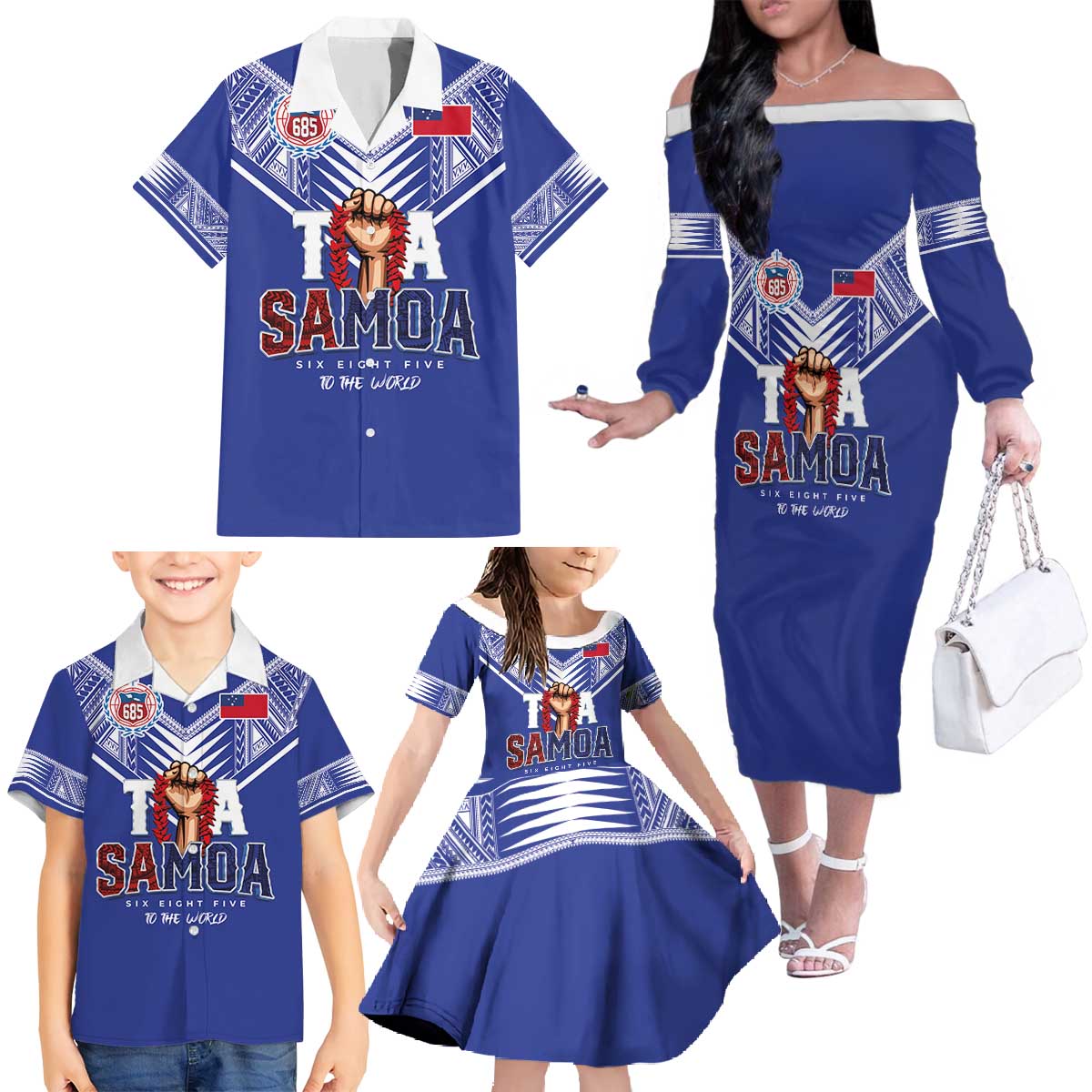 Toa Samoa Rugby Family Matching Off The Shoulder Long Sleeve Dress and Hawaiian Shirt Six Eight Five to The World