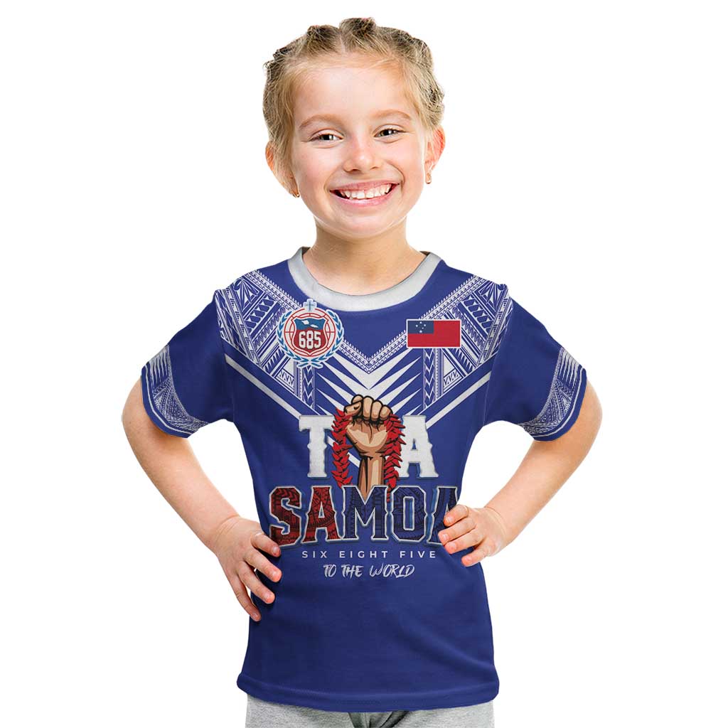 Toa Samoa Rugby Kid T Shirt Six Eight Five to The World LT03 Blue - Polynesian Pride