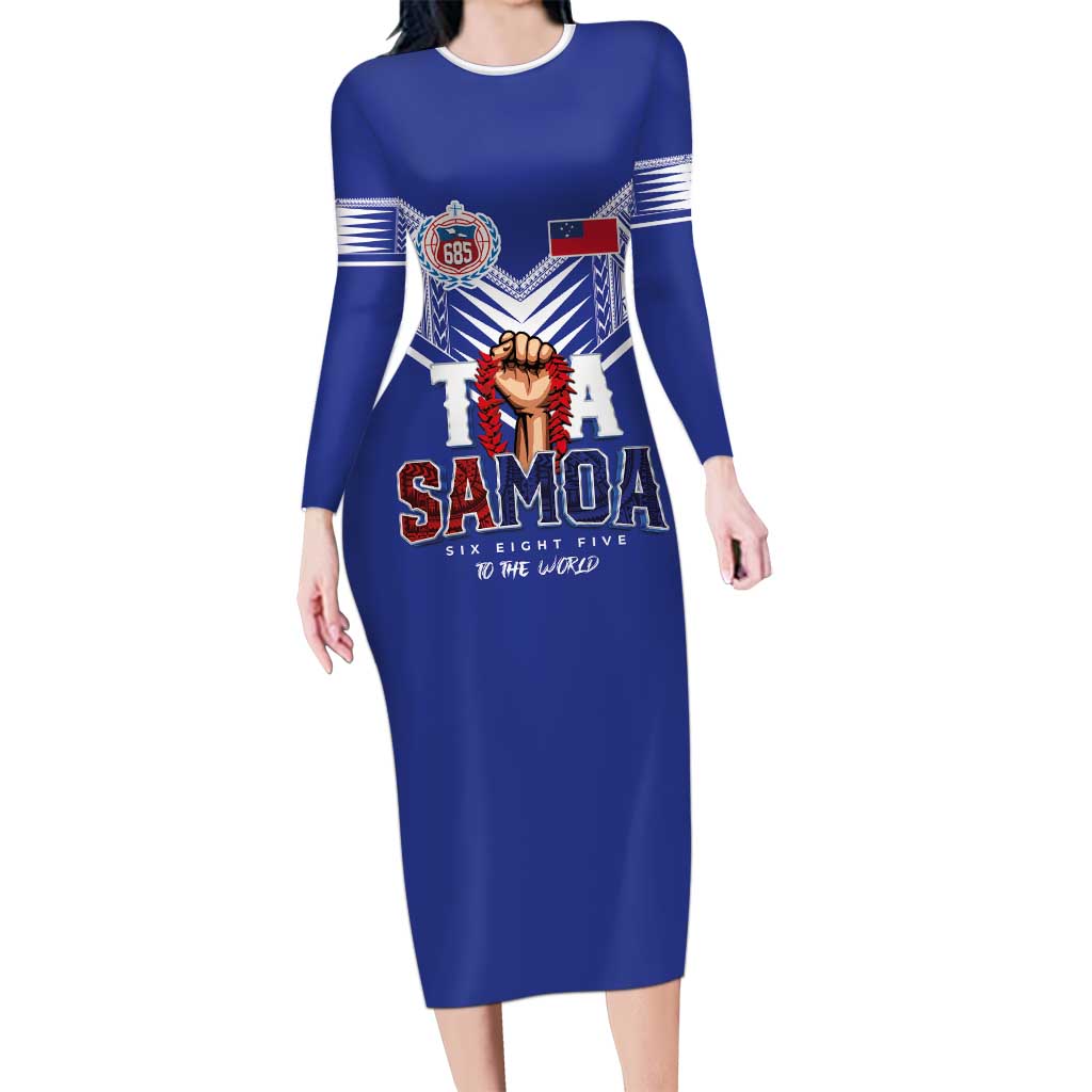 Toa Samoa Rugby Long Sleeve Bodycon Dress Six Eight Five to The World LT03 Long Dress Blue - Polynesian Pride