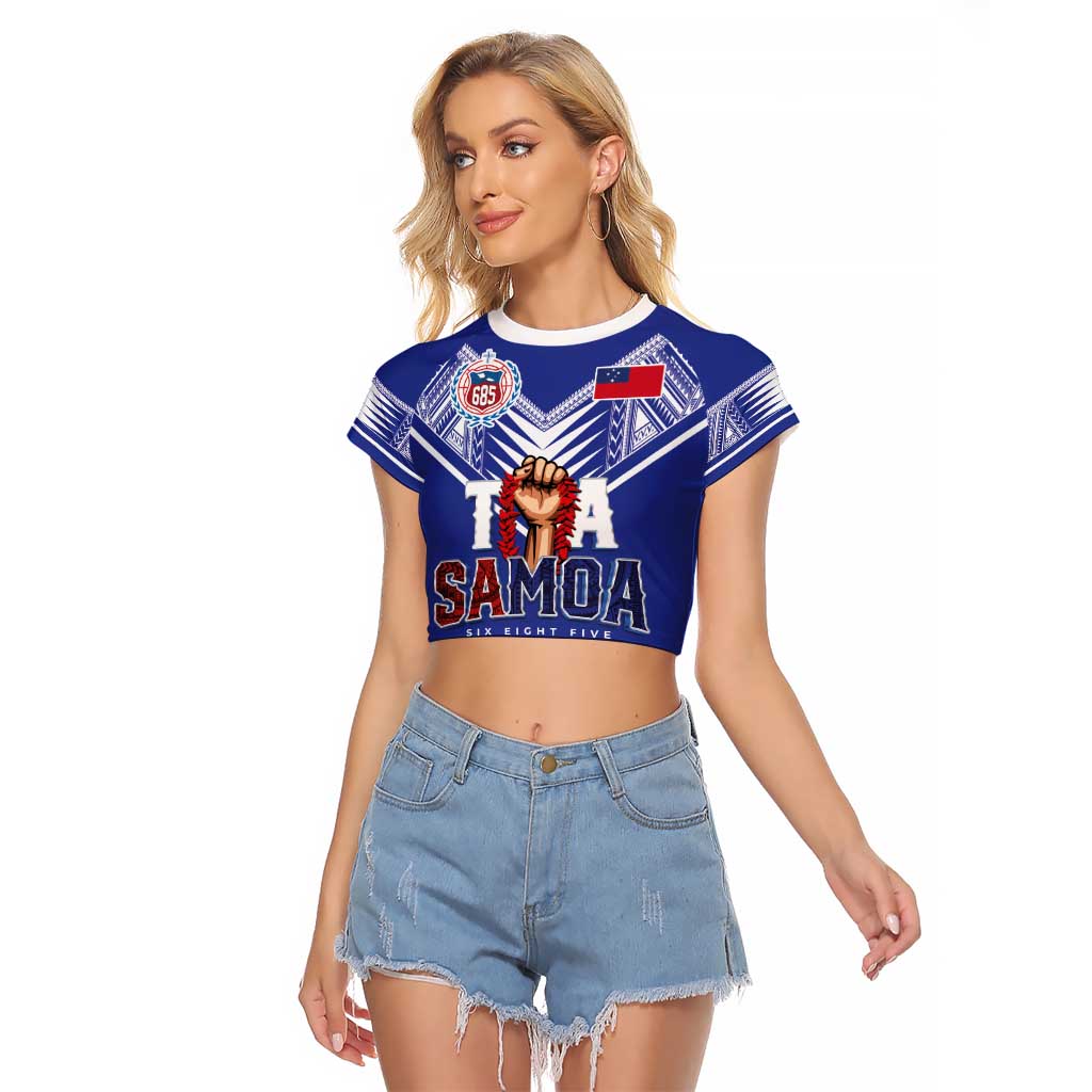 Toa Samoa Rugby Raglan Cropped T Shirt Six Eight Five to The World LT03 Female Blue - Polynesian Pride