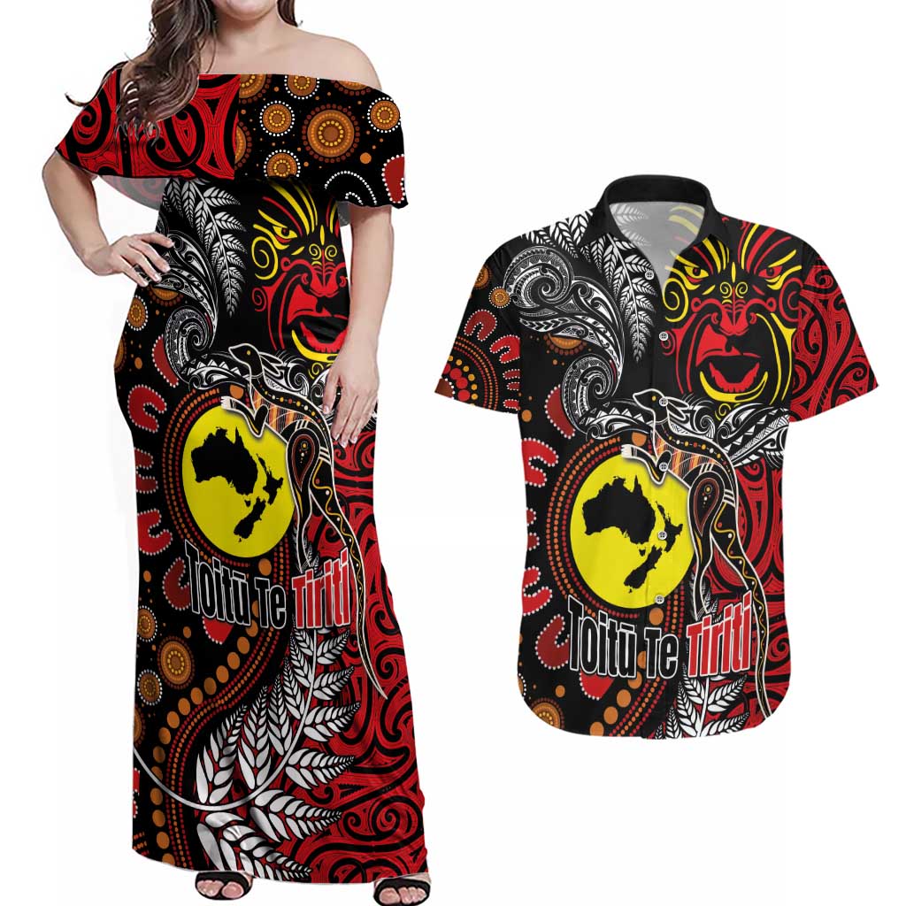 Aotearoa and Australia Toitu Te Tiriti Couples Matching Off Shoulder Maxi Dress and Hawaiian Shirt Honour the Treaty - Stand Together Stand Stronger