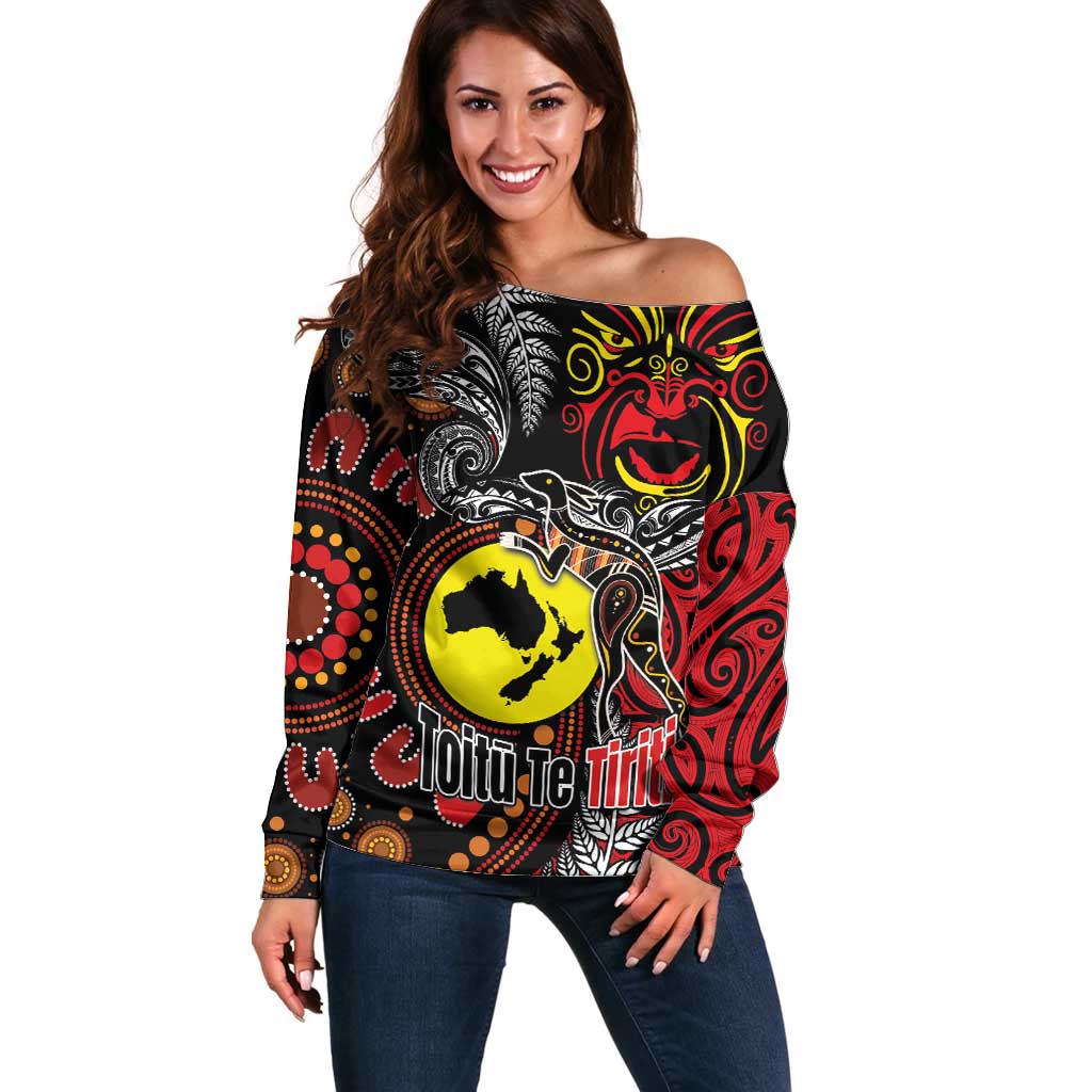Aotearoa and Australia Toitu Te Tiriti Off Shoulder Sweater Honour the Treaty - Stand Together Stand Stronger LT03 Women Black - Polynesian Pride