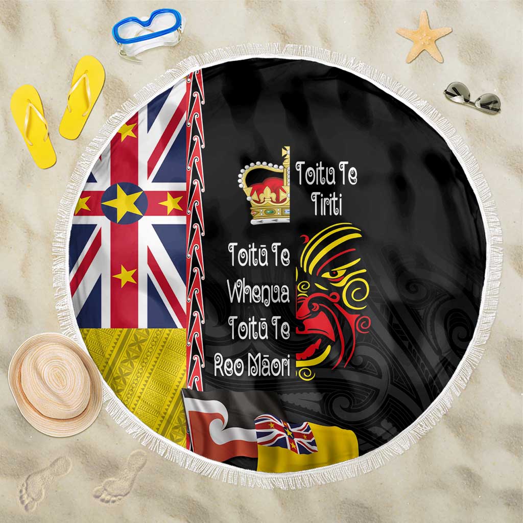 Aotearoa and Niue Toitu Te Tiriti Beach Blanket Honour the Treaty - Fight Together Stand Together LT03 One Size 150cm Black - Polynesian Pride