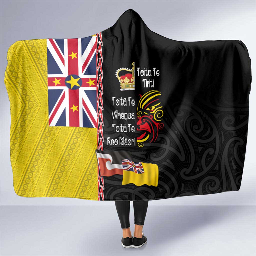 Aotearoa and Niue Toitu Te Tiriti Hooded Blanket Honour the Treaty - Fight Together Stand Together LT03 One Size Black - Polynesian Pride