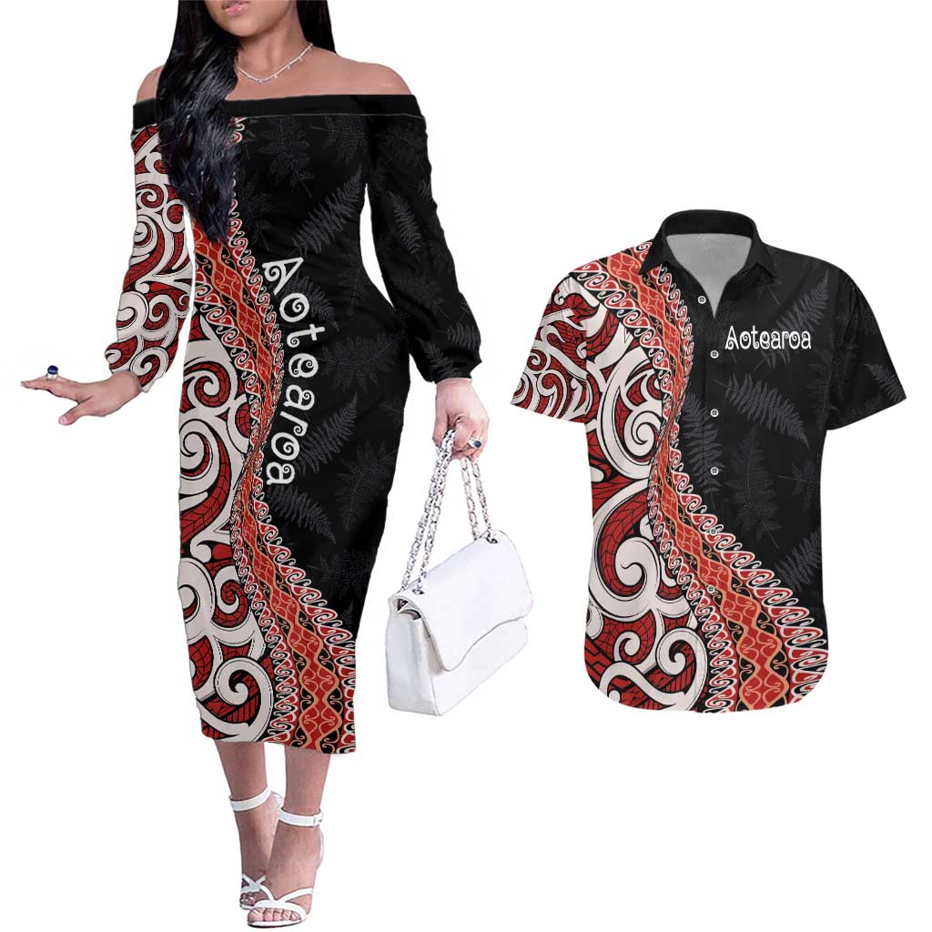 Aotearoa Maori Stylized Koru - Silver Ferns Couples Matching Off The Shoulder Long Sleeve Dress and Hawaiian Shirt