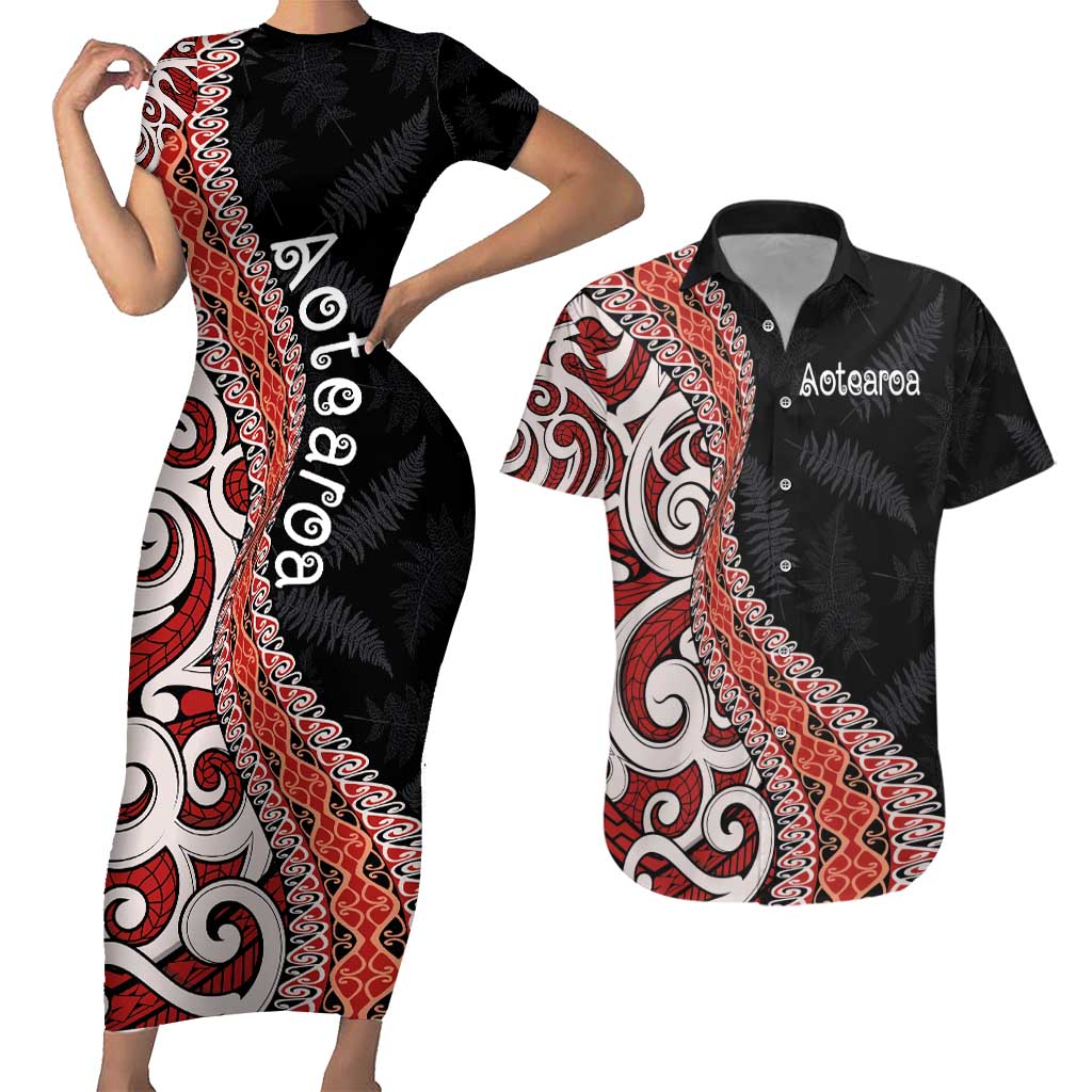 Aotearoa Maori Stylized Koru - Silver Ferns Couples Matching Short Sleeve Bodycon Dress and Hawaiian Shirt