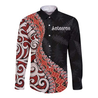 Aotearoa Maori Stylized Koru - Silver Ferns Long Sleeve Button Shirt LT03 Unisex Red - Polynesian Pride