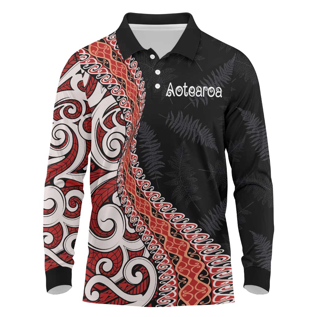 Aotearoa Maori Stylized Koru - Silver Ferns Long Sleeve Polo Shirt