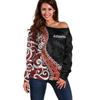 Aotearoa Maori Stylized Koru - Silver Ferns Off Shoulder Sweater LT03 Women Red - Polynesian Pride