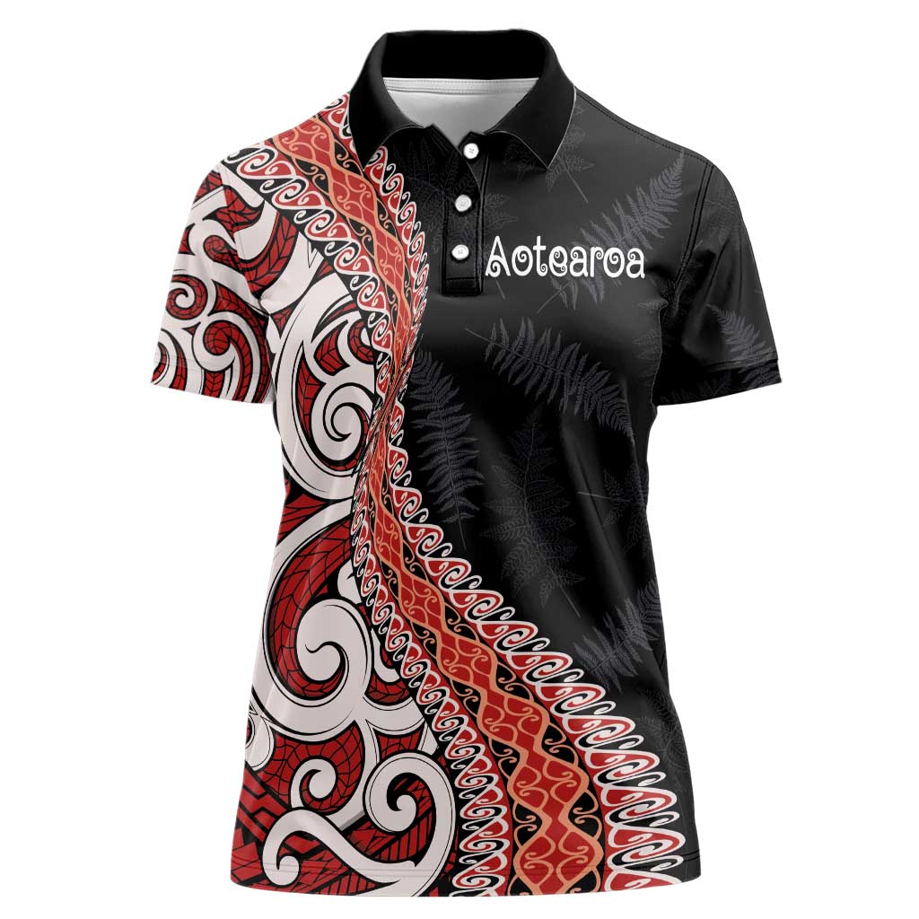 Aotearoa Maori Stylized Koru - Silver Ferns Women Polo Shirt LT03 Female Red - Polynesian Pride