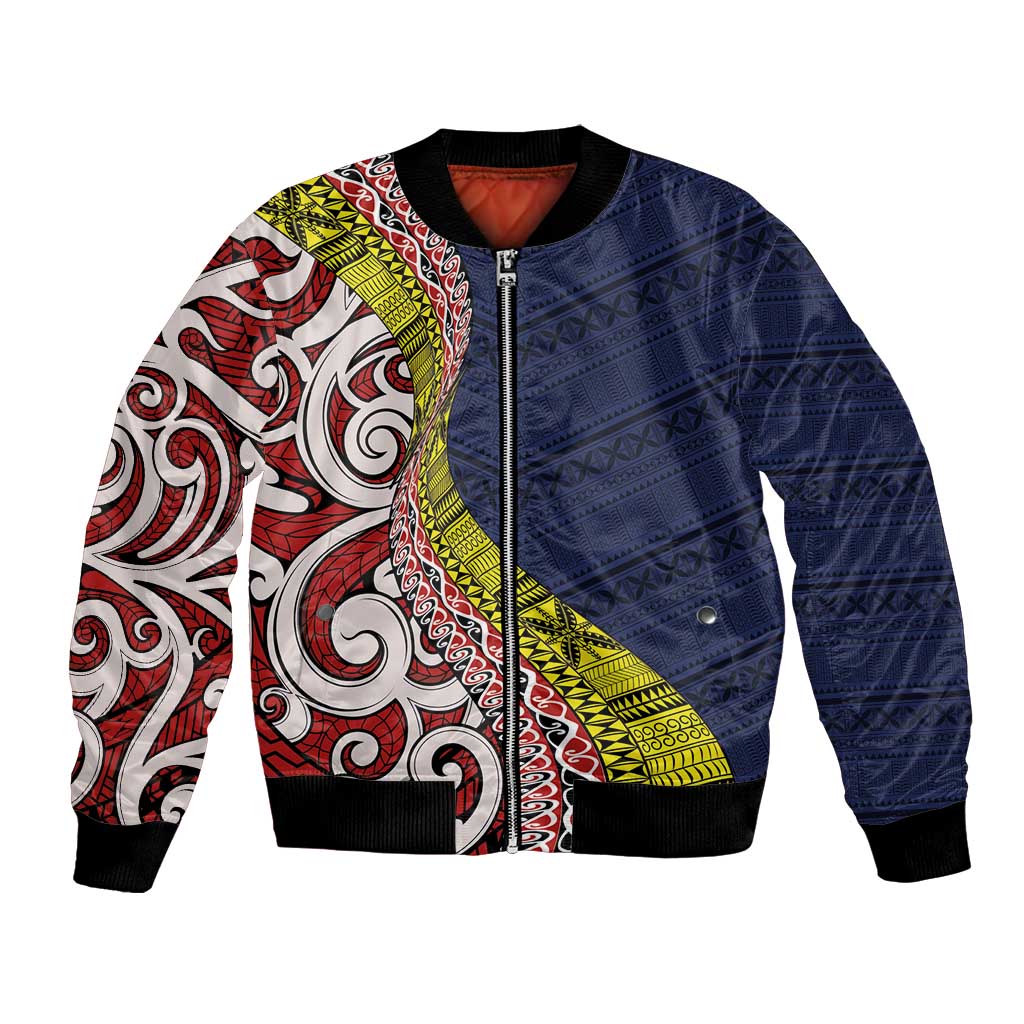 Aotearoa and Niue Bomber Jacket Hiapo Maori Stylized Koru LT03 Unisex Blue - Polynesian Pride