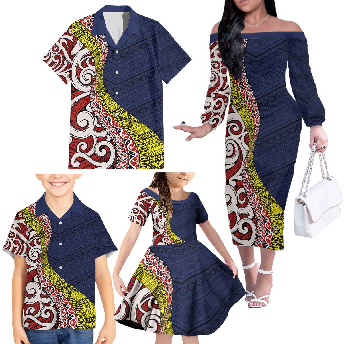 Aotearoa and Niue Family Matching Off The Shoulder Long Sleeve Dress and Hawaiian Shirt Hiapo Maori Stylized Koru