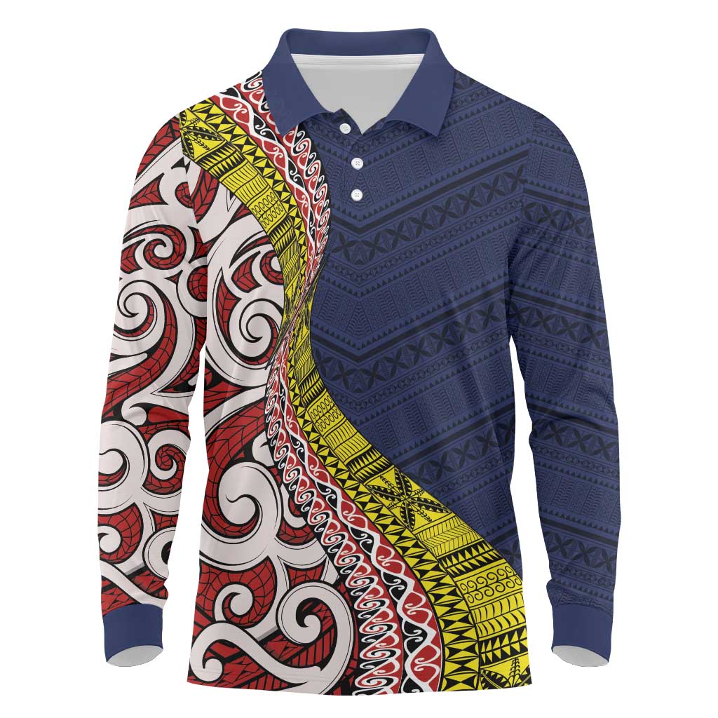 Aotearoa and Niue Long Sleeve Polo Shirt Hiapo Maori Stylized Koru