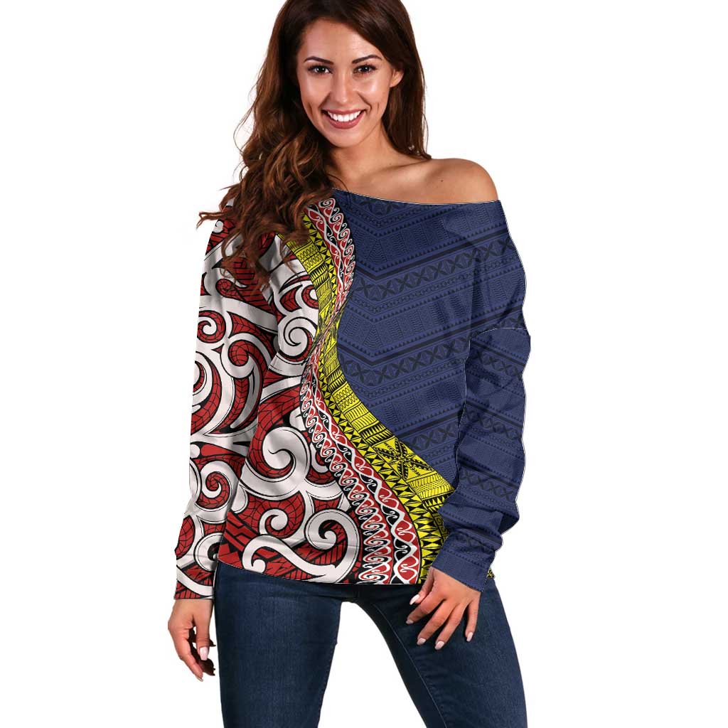 Aotearoa and Niue Off Shoulder Sweater Hiapo Maori Stylized Koru LT03 Women Blue - Polynesian Pride