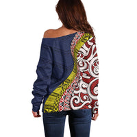 Aotearoa and Niue Off Shoulder Sweater Hiapo Maori Stylized Koru LT03 - Polynesian Pride