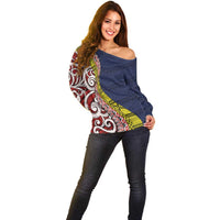 Aotearoa and Niue Off Shoulder Sweater Hiapo Maori Stylized Koru LT03 - Polynesian Pride