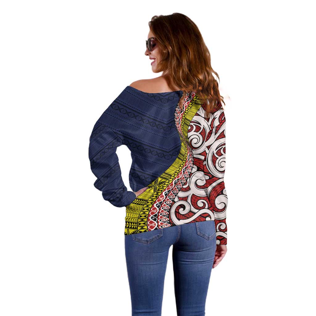 Aotearoa and Niue Off Shoulder Sweater Hiapo Maori Stylized Koru LT03 - Polynesian Pride