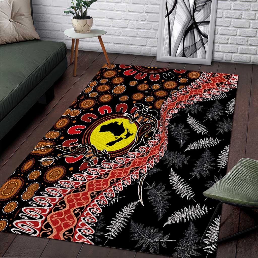 Aotearoa and Australia Area Rug Maori Koru Ferns With Aboriginal Kangaroo LT03 Black - Polynesian Pride