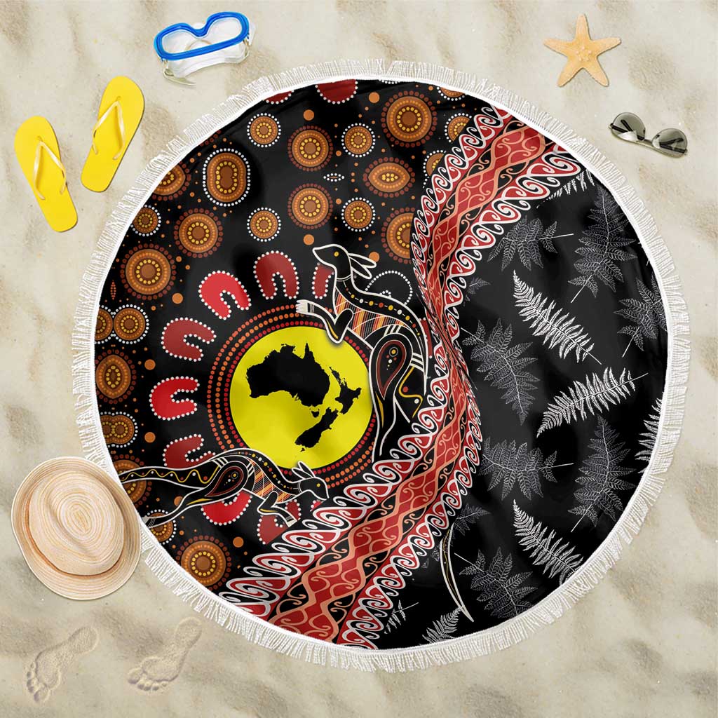Aotearoa and Australia Beach Blanket Maori Koru Ferns With Aboriginal Kangaroo LT03 One Size 150cm Black - Polynesian Pride