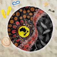 Aotearoa and Australia Beach Blanket Maori Koru Ferns With Aboriginal Kangaroo LT03 One Size 150cm Black - Polynesian Pride