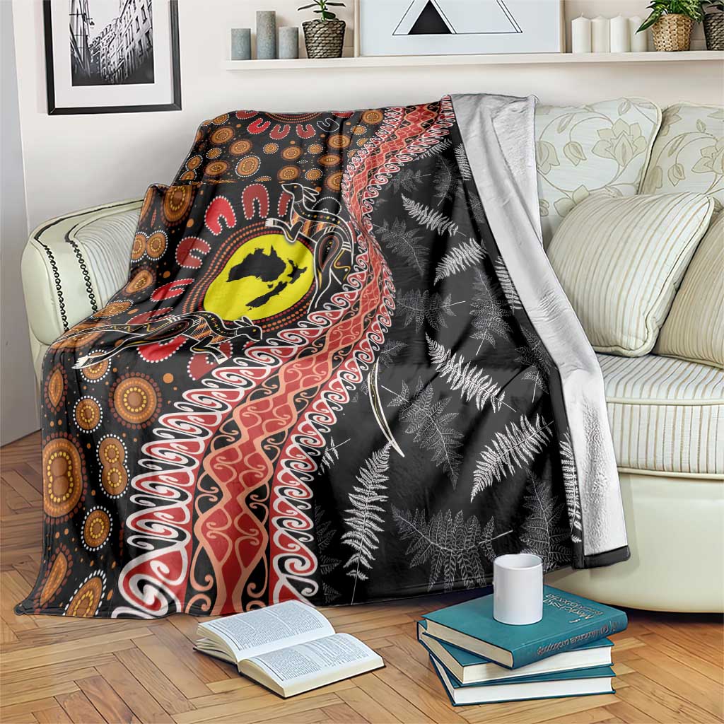 Aotearoa and Australia Blanket Maori Koru Ferns With Aboriginal Kangaroo LT03 Black - Polynesian Pride