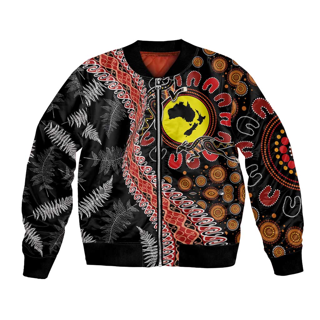 Aotearoa and Australia Bomber Jacket Maori Koru Ferns With Aboriginal Kangaroo LT03 Unisex Black - Polynesian Pride