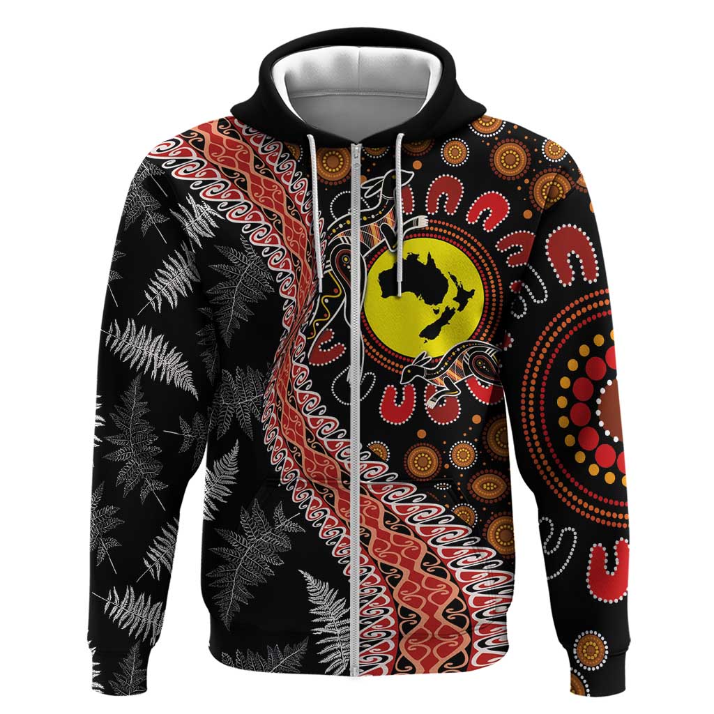 Aotearoa and Australia Hoodie Maori Koru Ferns With Aboriginal Kangaroo LT03 Zip Hoodie Black - Polynesian Pride