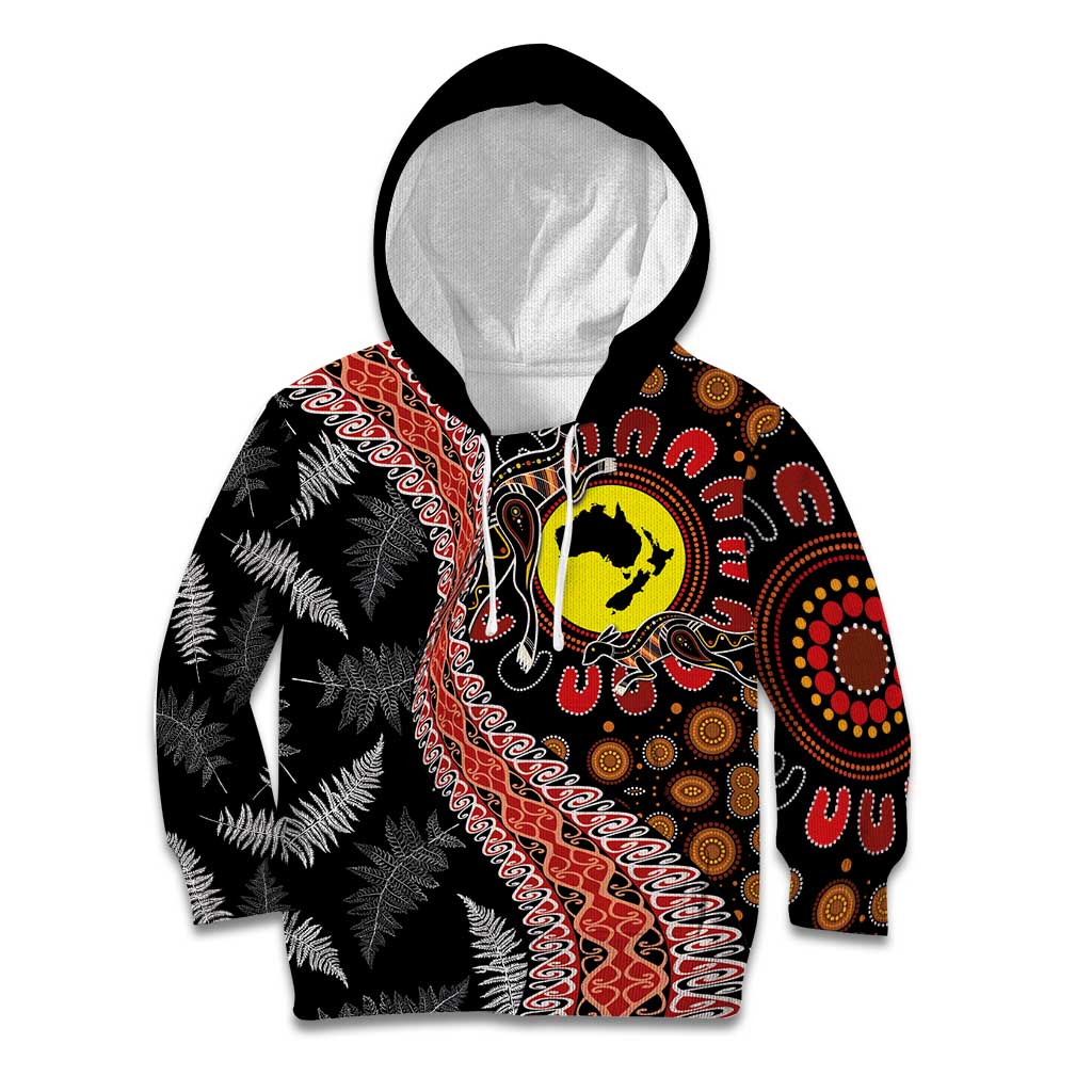 Aotearoa and Australia Kid Hoodie Maori Koru Ferns With Aboriginal Kangaroo LT03 Hoodie Black - Polynesian Pride