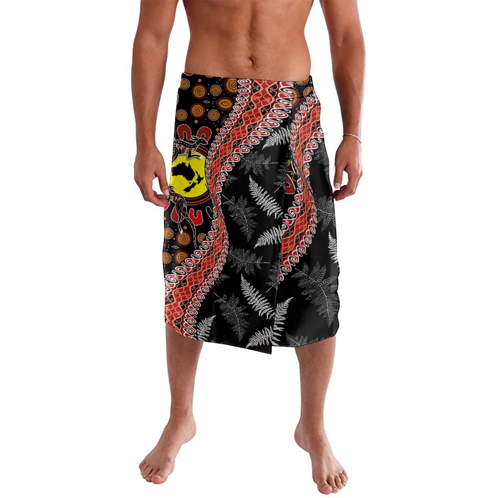 Aotearoa and Australia Lavalava Maori Koru Ferns With Aboriginal Kangaroo LT03 Black - Polynesian Pride