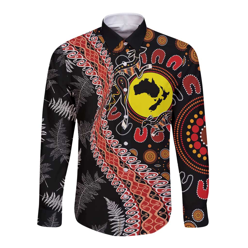 Aotearoa and Australia Long Sleeve Button Shirt Maori Koru Ferns With Aboriginal Kangaroo LT03 Unisex Black - Polynesian Pride