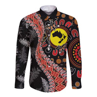 Aotearoa and Australia Long Sleeve Button Shirt Maori Koru Ferns With Aboriginal Kangaroo LT03 Unisex Black - Polynesian Pride