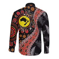 Aotearoa and Australia Long Sleeve Button Shirt Maori Koru Ferns With Aboriginal Kangaroo LT03 - Polynesian Pride