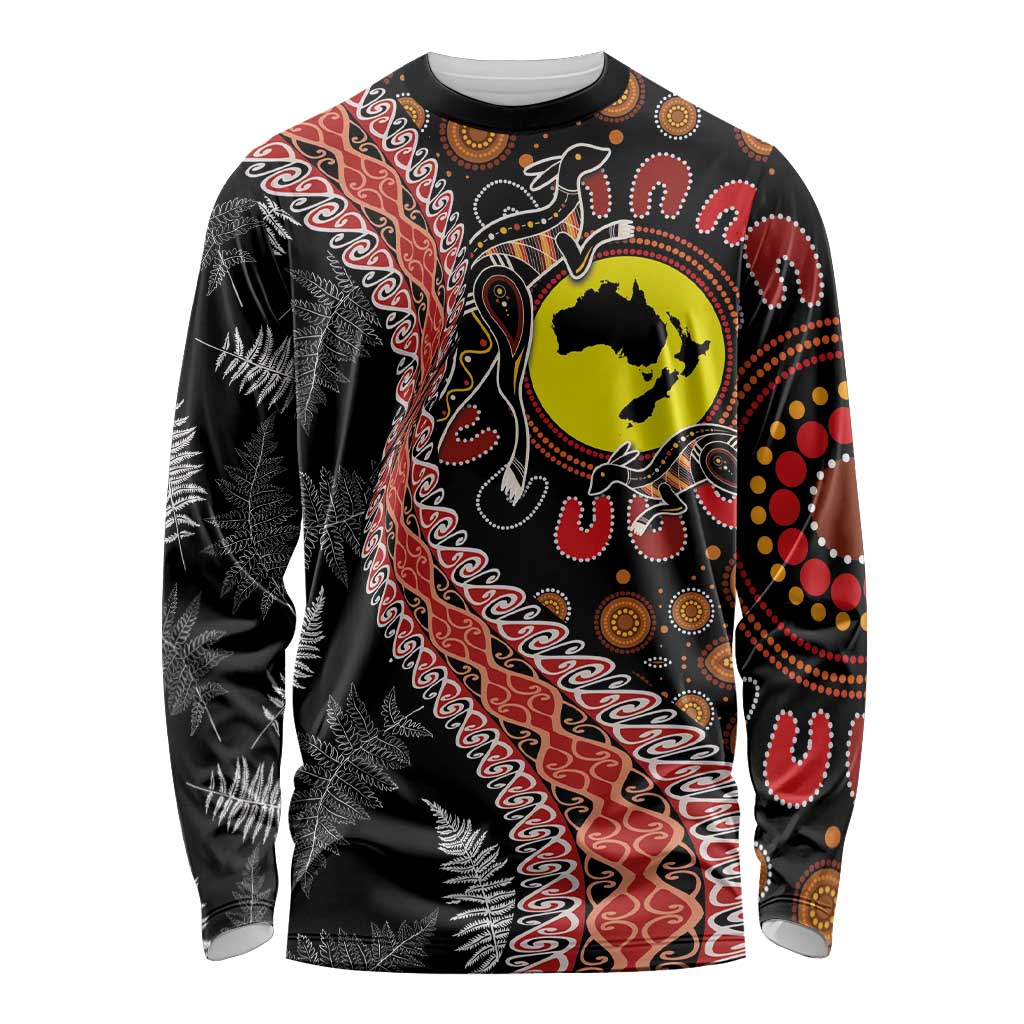 Aotearoa and Australia Long Sleeve Shirt Maori Koru Ferns With Aboriginal Kangaroo LT03 Unisex Black - Polynesian Pride