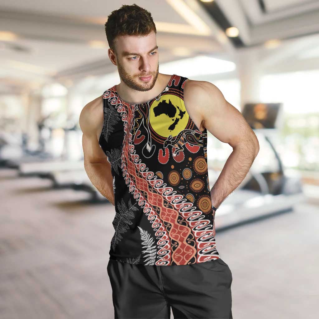Aotearoa and Australia Men Tank Top Maori Koru Ferns With Aboriginal Kangaroo LT03 Black - Polynesian Pride