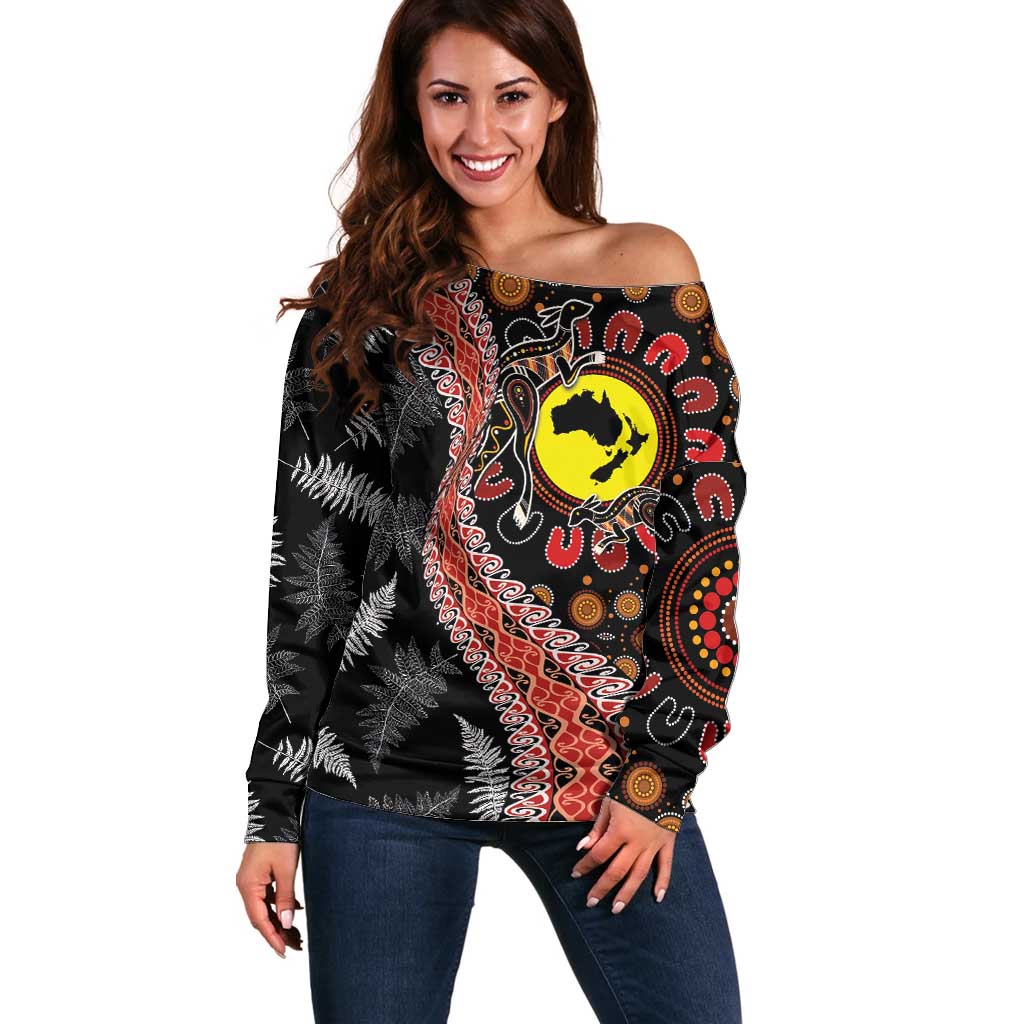 Aotearoa and Australia Off Shoulder Sweater Maori Koru Ferns With Aboriginal Kangaroo LT03 Women Black - Polynesian Pride