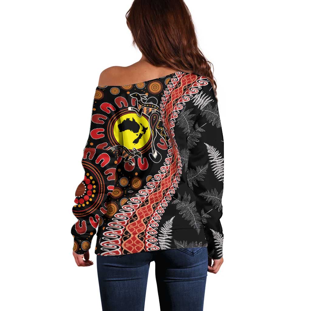 Aotearoa and Australia Off Shoulder Sweater Maori Koru Ferns With Aboriginal Kangaroo LT03 - Polynesian Pride