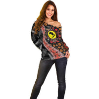 Aotearoa and Australia Off Shoulder Sweater Maori Koru Ferns With Aboriginal Kangaroo LT03 - Polynesian Pride