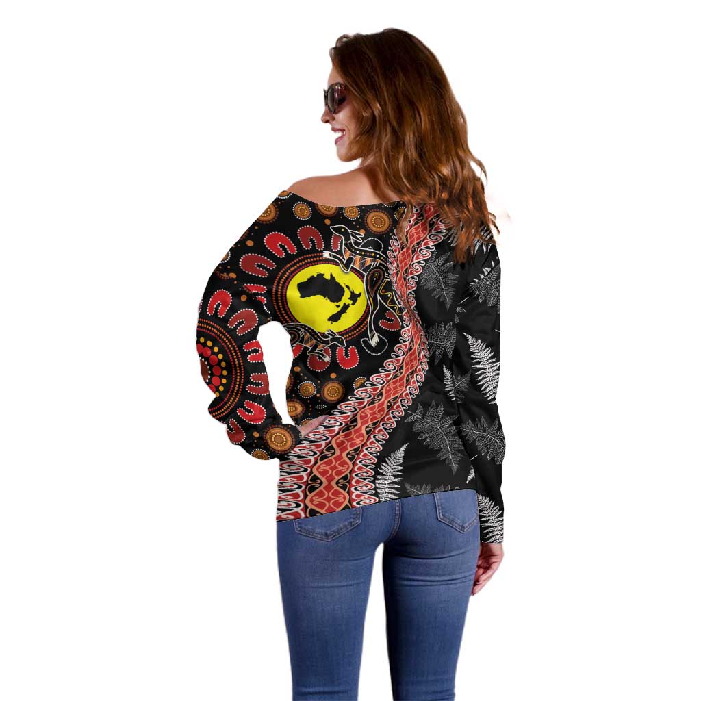 Aotearoa and Australia Off Shoulder Sweater Maori Koru Ferns With Aboriginal Kangaroo LT03 - Polynesian Pride