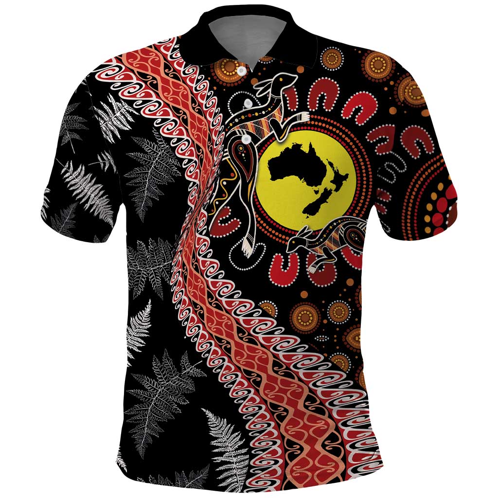 Aotearoa and Australia Polo Shirt Maori Koru Ferns With Aboriginal Kangaroo LT03 Black - Polynesian Pride