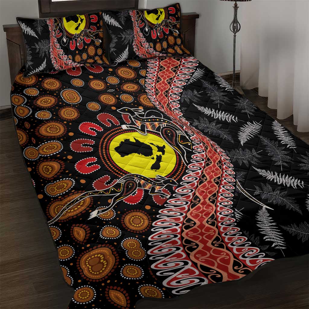 Aotearoa and Australia Quilt Bed Set Maori Koru Ferns With Aboriginal Kangaroo LT03 Black - Polynesian Pride