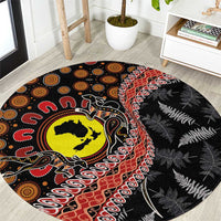 Aotearoa and Australia Round Carpet Maori Koru Ferns With Aboriginal Kangaroo LT03 Black - Polynesian Pride