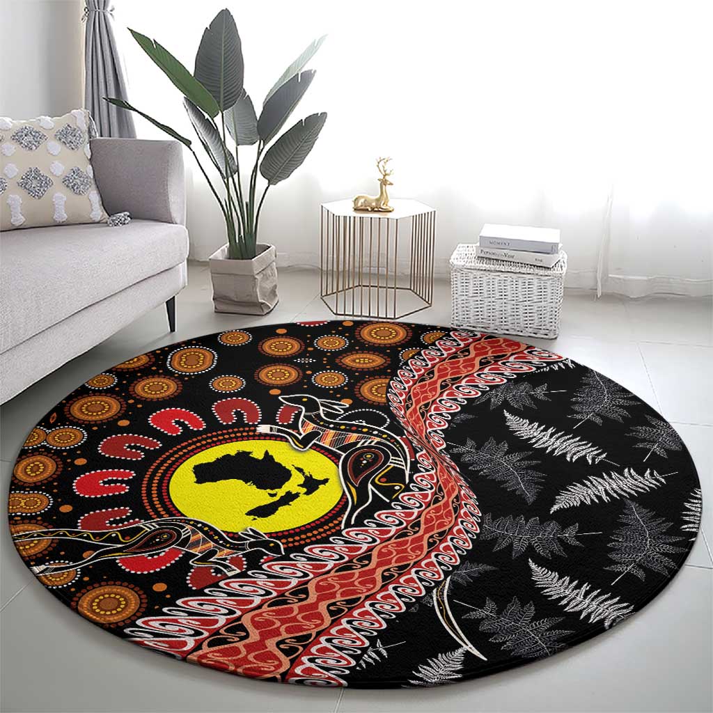 Aotearoa and Australia Round Carpet Maori Koru Ferns With Aboriginal Kangaroo LT03 - Polynesian Pride