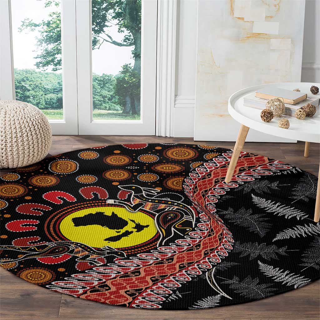 Aotearoa and Australia Round Carpet Maori Koru Ferns With Aboriginal Kangaroo LT03 - Polynesian Pride