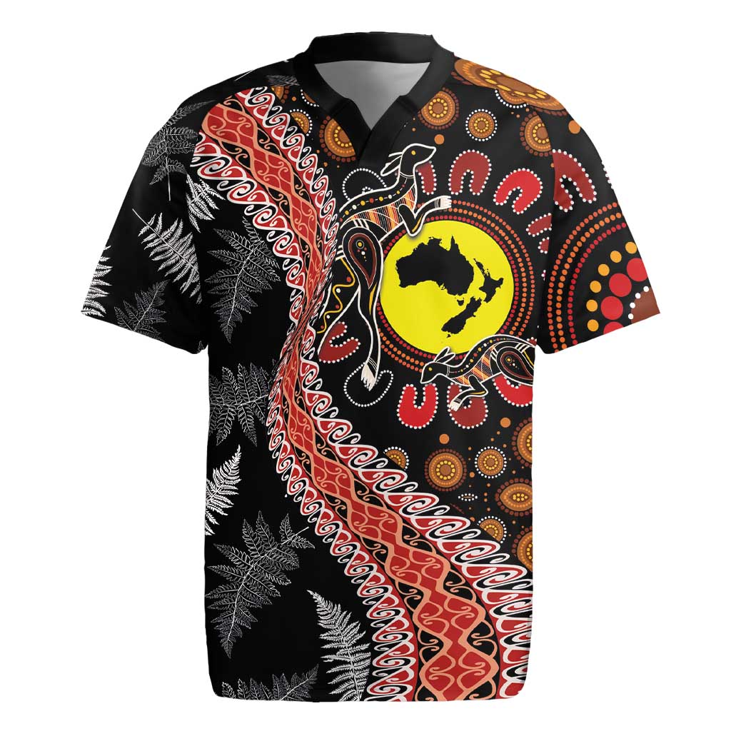 Aotearoa and Australia Rugby Jersey Maori Koru Ferns With Aboriginal Kangaroo LT03 Black - Polynesian Pride