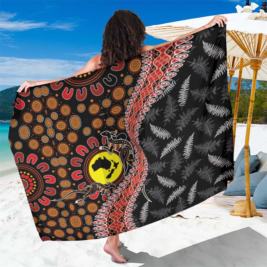 Aotearoa and Australia Sarong Maori Koru Ferns With Aboriginal Kangaroo LT03 One Size 44 x 66 inches Black - Polynesian Pride